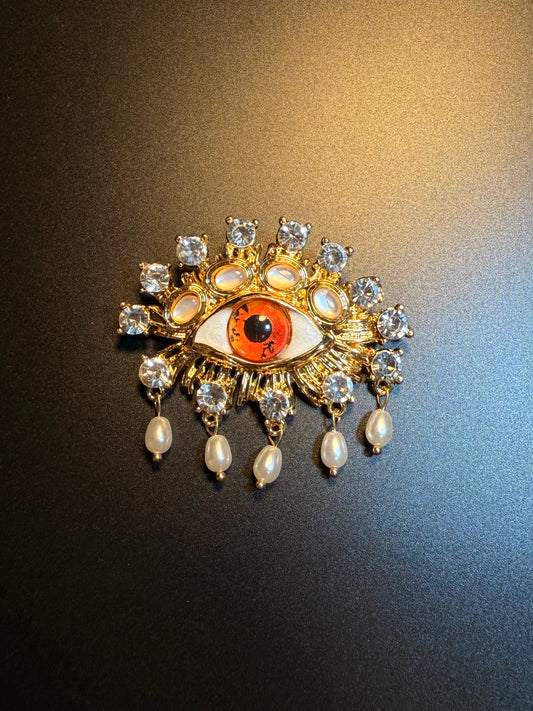 YYBB Jewelry Vintage Evil Eye Tassel Brooch Gold Tone Crystal Faux Pearl Statement Pin Bohemian Talisman Style