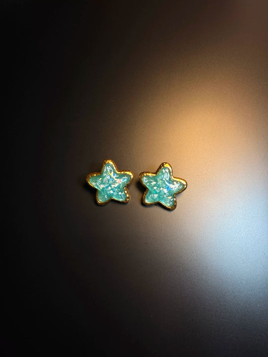 Pendientes de estrella con purpurina verde agua de YYBB Jewelry, tipo botón, tono dorado, resina celestial, accesorio kawaii Y2K vintage