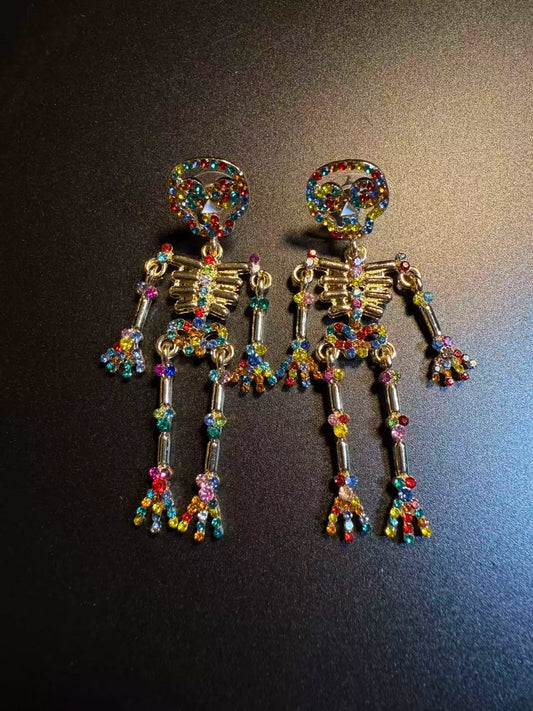Articulated Rainbow Crystal Skeleton Earrings - Funky Gothic Statement Earrings