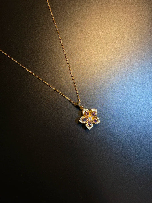 Vintage Style Purple Crystal Spinning Flower Necklace - Rotatable Fidget Jewelry