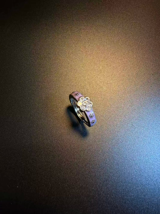 Vintage Style Purple Enamel Flower Ring - Adjustable Crystal Daisy Band