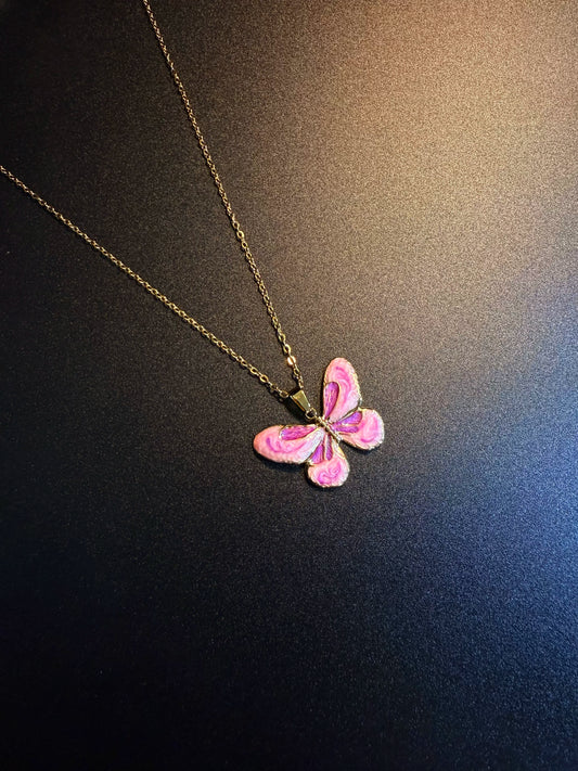 Vintage Style Pink Marbled Enamel Butterfly Necklace - Gold Tone Insect Pendant