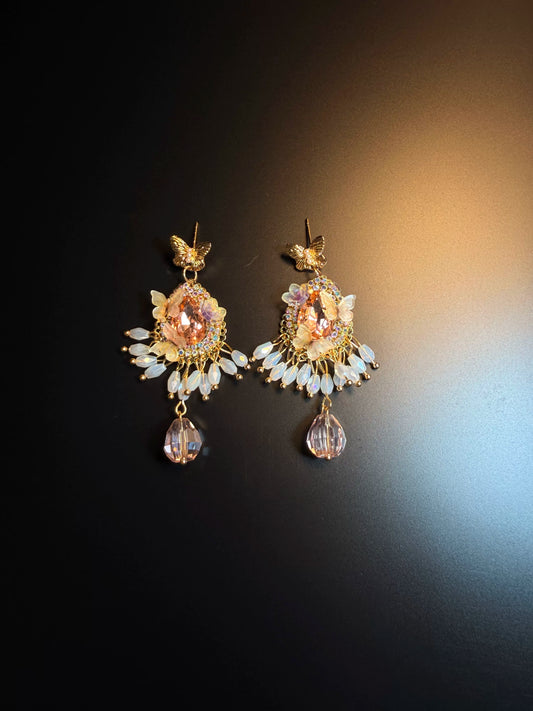 YYBB Jewelry Pendientes Vintage Mandala Mariposa Rosa con Borlas y Cristales, Estilo Bohemio Romántico, Joyería de Declaración Tipo Araña