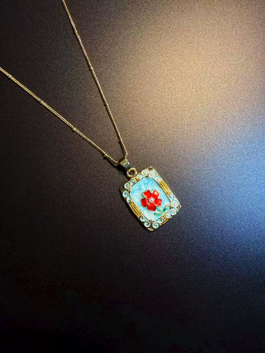 Vintage Style Blue Enamel Red Flower Necklace - Rectangular Picture Frame Pendant