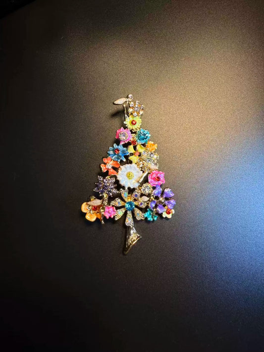 Vintage Style Enamel Flower Christmas Rainbow Tree Brooch - Colorful Rhinestone Holiday Pin