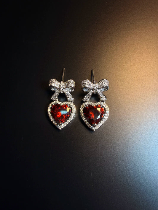 YYBB Jewelry Bow Heart Drop Earrings with Pave Crystal and Ruby-Red Gemstone Romantic Elegant Dangle Style