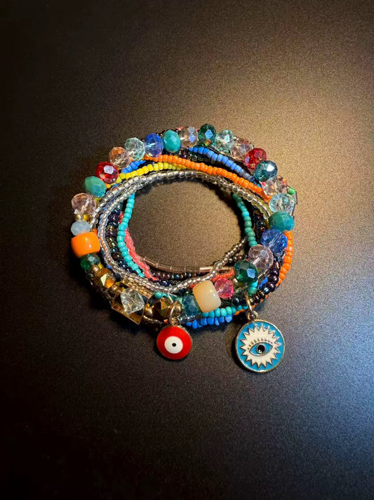 Vintage Style Rainbow Beaded Stackable Bracelet - Colorful Evil Eye Charm Jewelry