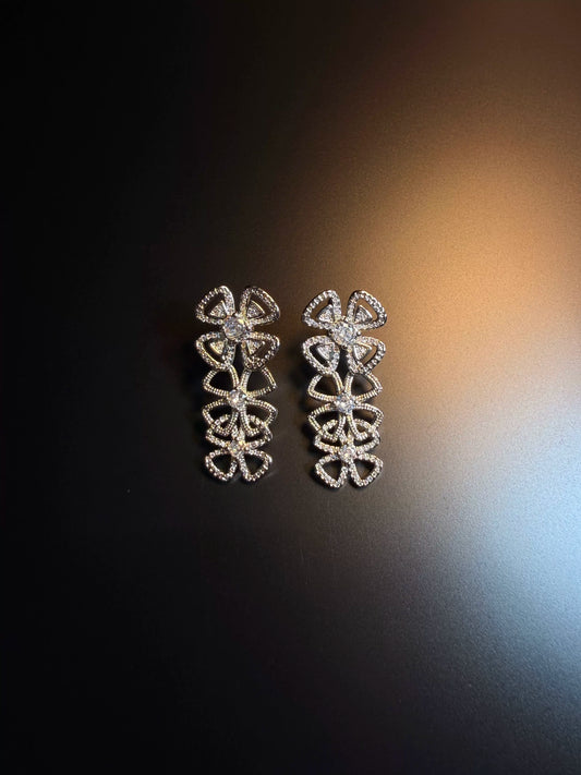 YYBB Jewelry Vintage Floral Drop Earrings with Pavé Cubic Zirconia, Silver-Tone Triple Bloom Bridal Statement Dangle Style