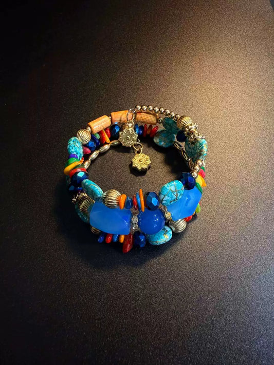 Vintage Style Chunky Blue Faceted Bead Bracelet - Boho Multi-Layer Stacked Bangle