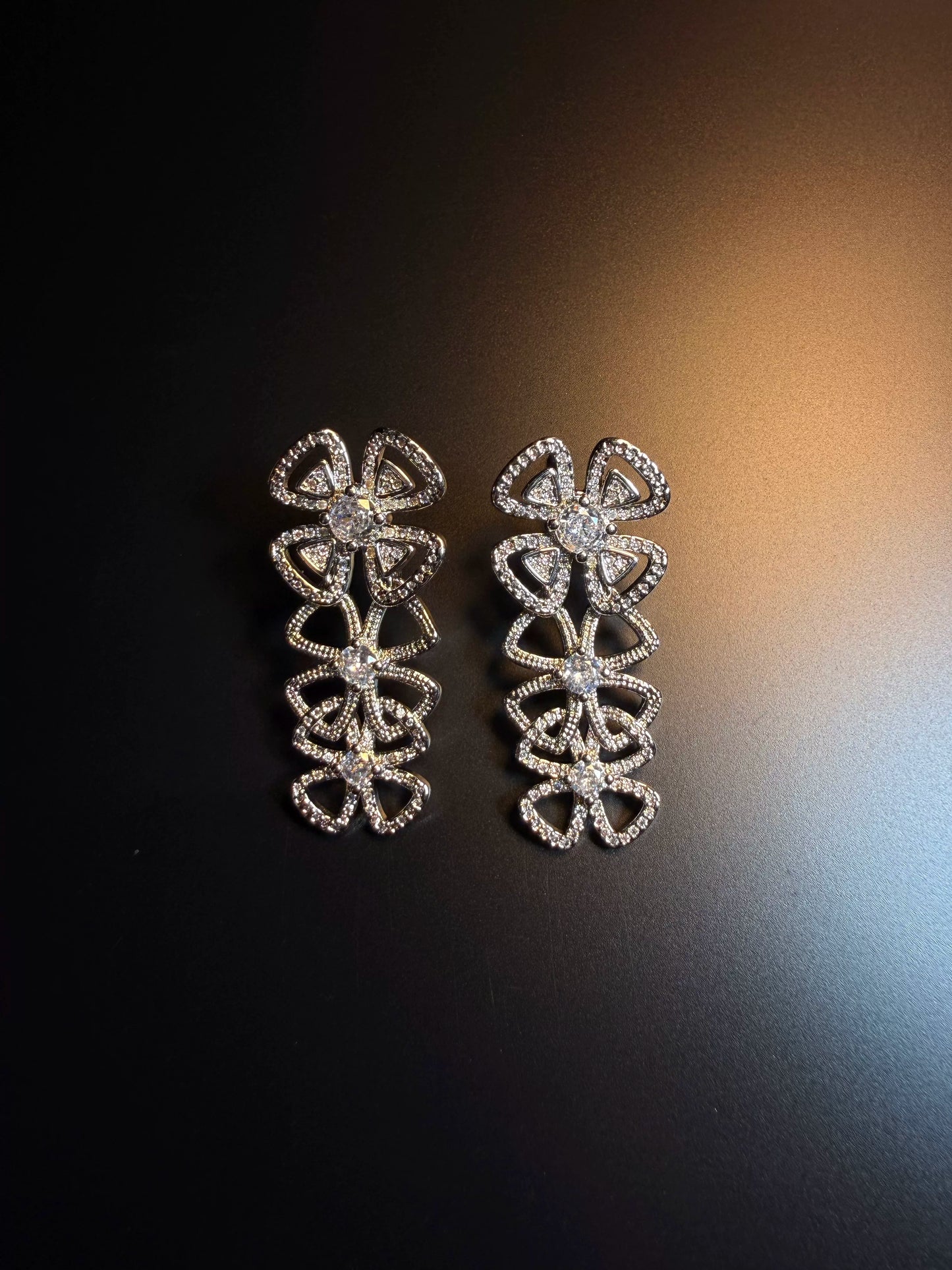YYBB Jewelry Vintage Floral Drop Earrings with Pavé Cubic Zirconia, Silver-Tone Triple Bloom Bridal Statement Dangle Style