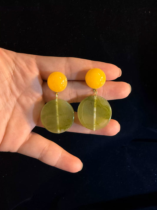 YYBB Jewelry Pendientes Vintage Bicolor Amarillo y Verde Geométricos, Estilo Minimalista Moderno de Mediados de Siglo, Dangles Azafrán y Verde Musgo