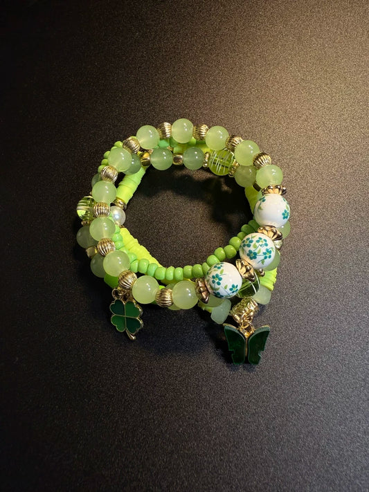 Vintage Style Green Clover Stackable Bracelet Set - Lucky Butterfly And Floral Beaded Jewelry
