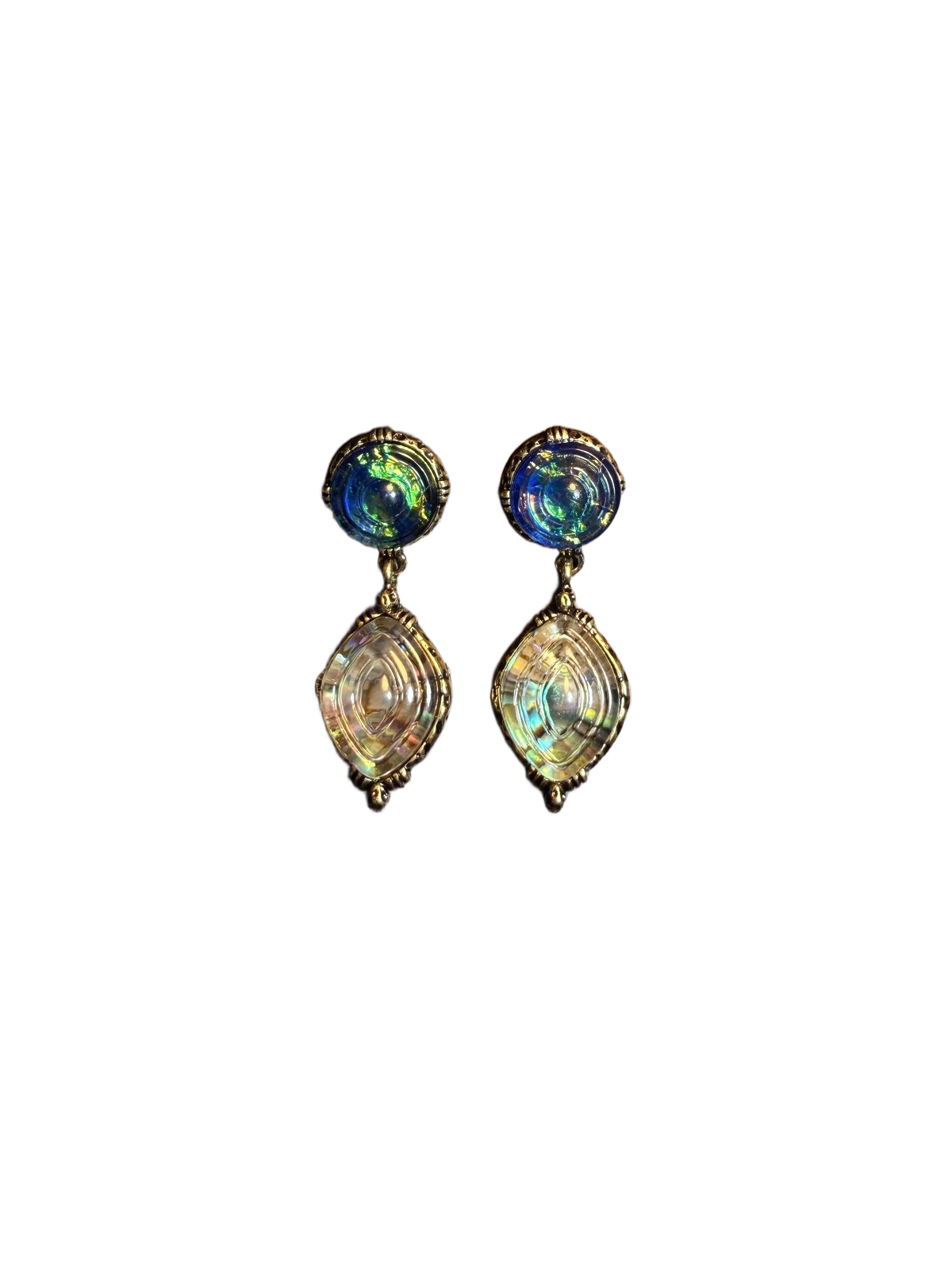 YYBB Jewelry Vintage Iridescent Drop Earrings with Opal Shimmer Glass Cabochons, Antique Gold Art Deco Dangle Style