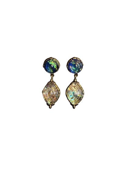 YYBB Jewelry Vintage Iridescent Drop Earrings with Opal Shimmer Glass Cabochons, Antique Gold Art Deco Dangle Style