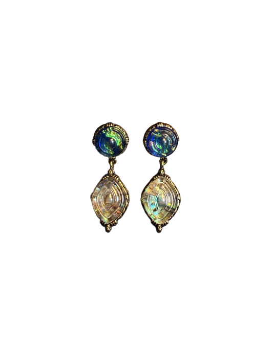 YYBB Jewelry Vintage Iridescent Drop Earrings with Opal Shimmer Glass Cabochons, Antique Gold Art Deco Dangle Style
