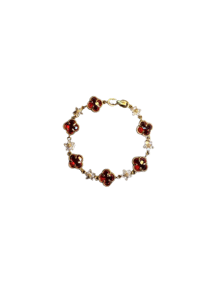 YYBB Jewelry Vintage Red Four-Leaf Clover Chain Bracelet with Gold Tone Crystal Flower Links, Luxury-Inspired Elegant Jewelry