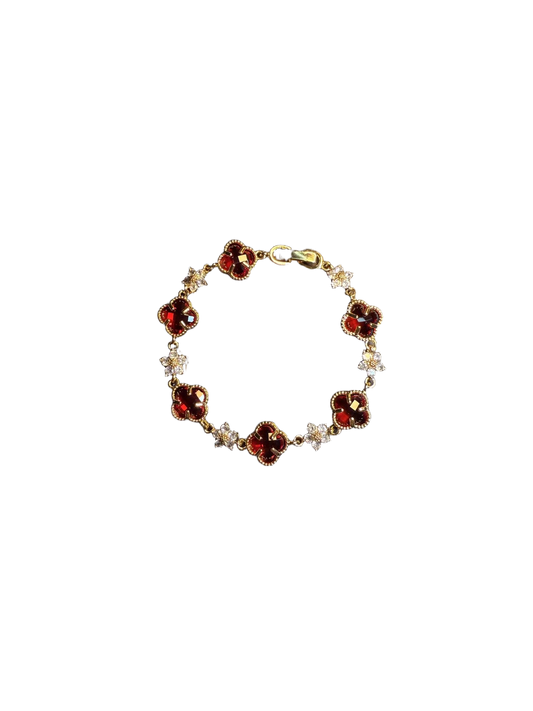 YYBB Jewelry Vintage Red Four-Leaf Clover Chain Bracelet with Gold Tone Crystal Flower Links, Luxury-Inspired Elegant Jewelry