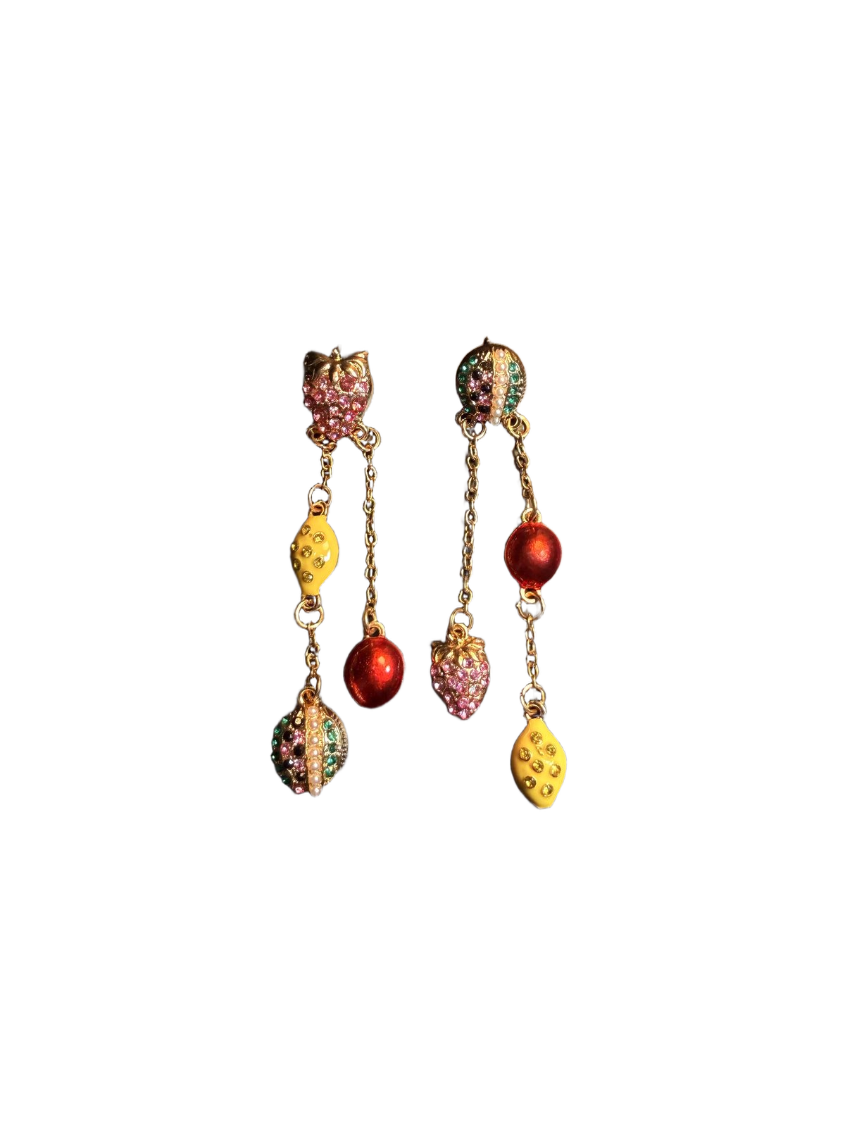 YYBB Jewelry Vintage Mismatched Fruit Tassel Drop Earrings with Rhinestones, Pearls and Enamel Charms, Playful Boho Statement Style