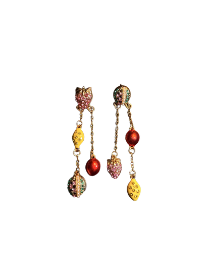 YYBB Jewelry Vintage Mismatched Fruit Tassel Drop Earrings with Rhinestones, Pearls and Enamel Charms, Playful Boho Statement Style