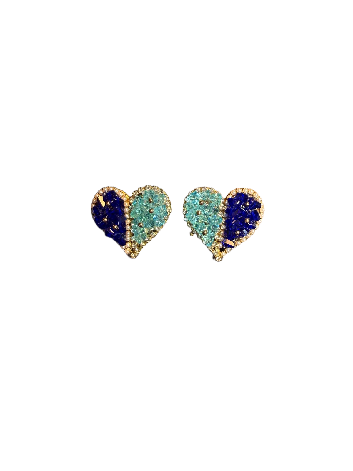 YYBB Jewelry Vintage Dual-Tone Blue Crystal Heart Stud Earrings with Pearl Trim, Gold Statement Glam Jewelry