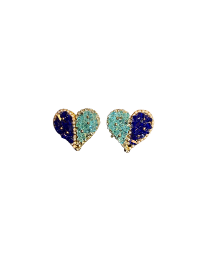 YYBB Jewelry Vintage Dual-Tone Blue Crystal Heart Stud Earrings with Pearl Trim, Gold Statement Glam Jewelry