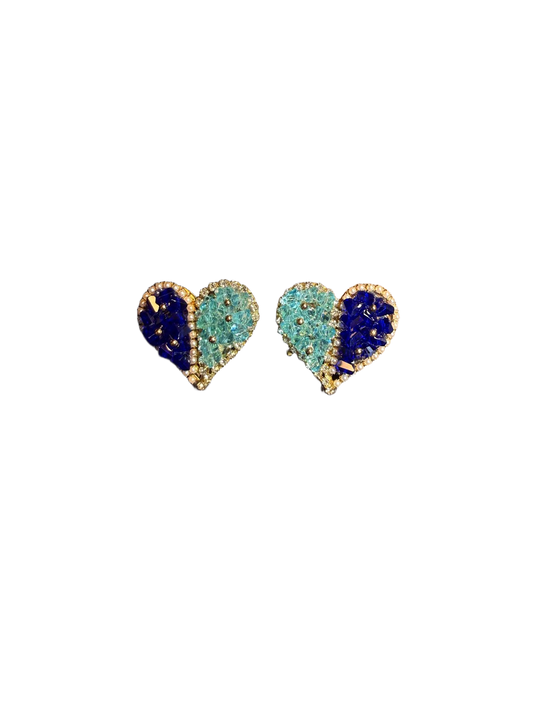 YYBB Jewelry Vintage Dual-Tone Blue Crystal Heart Stud Earrings with Pearl Trim, Gold Statement Glam Jewelry