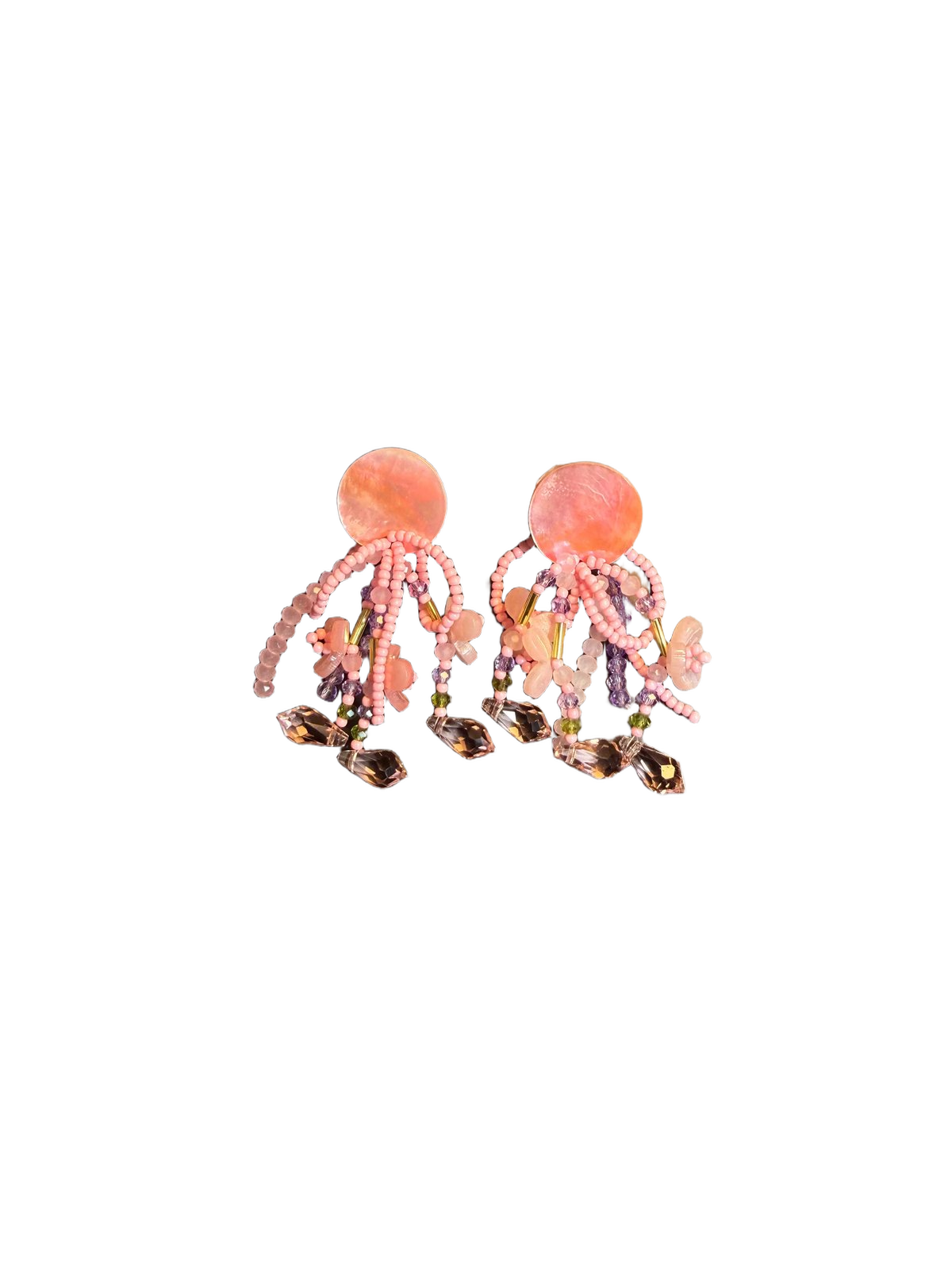 YYBB Jewelry Vintage Dream Tassel Pink Flower Beaded Statement Earrings with Shell Disc Fringe, Romantic Boho Handmade Style