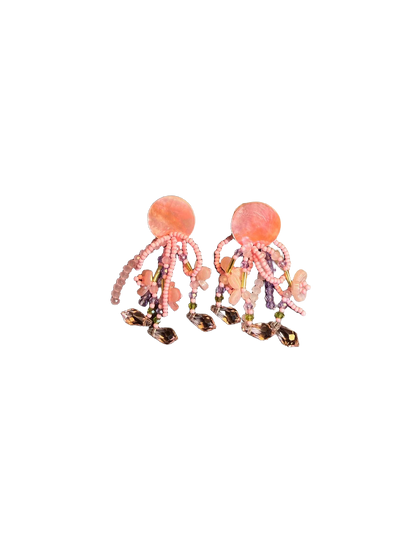 YYBB Jewelry Vintage Dream Tassel Pink Flower Beaded Statement Earrings with Shell Disc Fringe, Romantic Boho Handmade Style