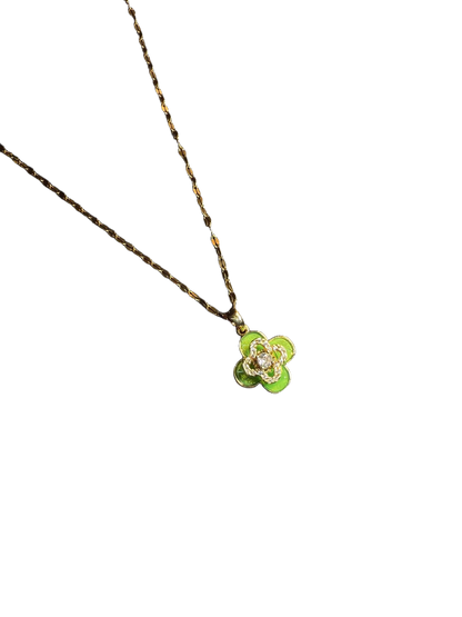 YYBB Jewelry Vintage Green Four Leaf Clover Rotating Pendant Necklace Gold-Plated Enamel CZ Dainty Floral Chain