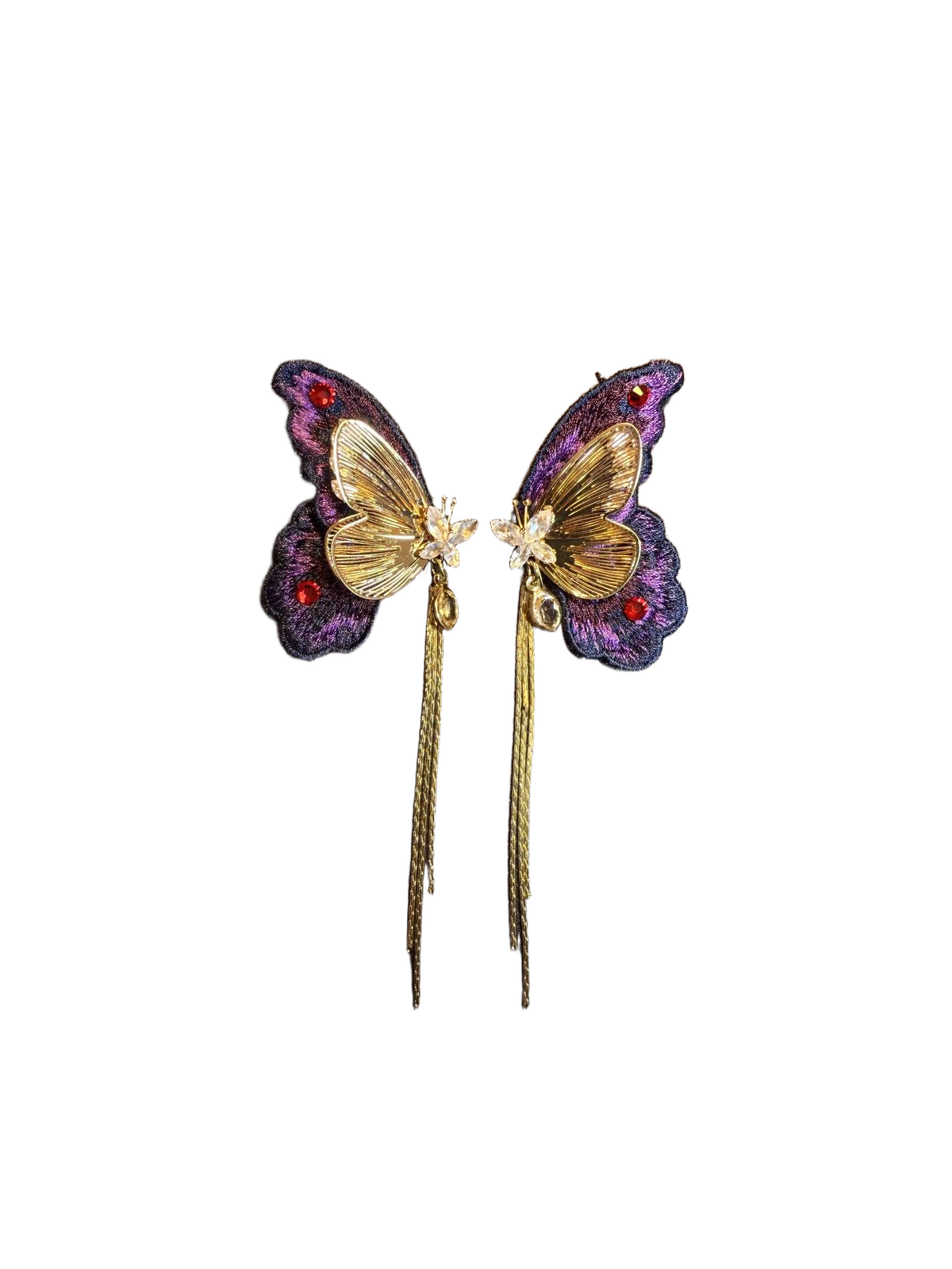 YYBB Jewelry Vintage Purple Butterfly Tassel Earrings with Gold Embroidery and Crystal Statement Boho Romantic Style