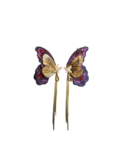 YYBB Jewelry Vintage Purple Butterfly Tassel Earrings with Gold Embroidery and Crystal Statement Boho Romantic Style