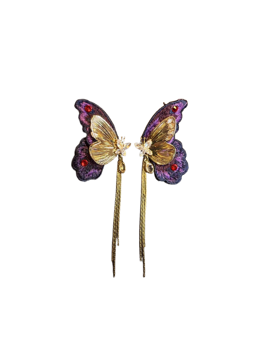 YYBB Jewelry Vintage Purple Butterfly Tassel Earrings with Gold Embroidery and Crystal Statement Boho Romantic Style