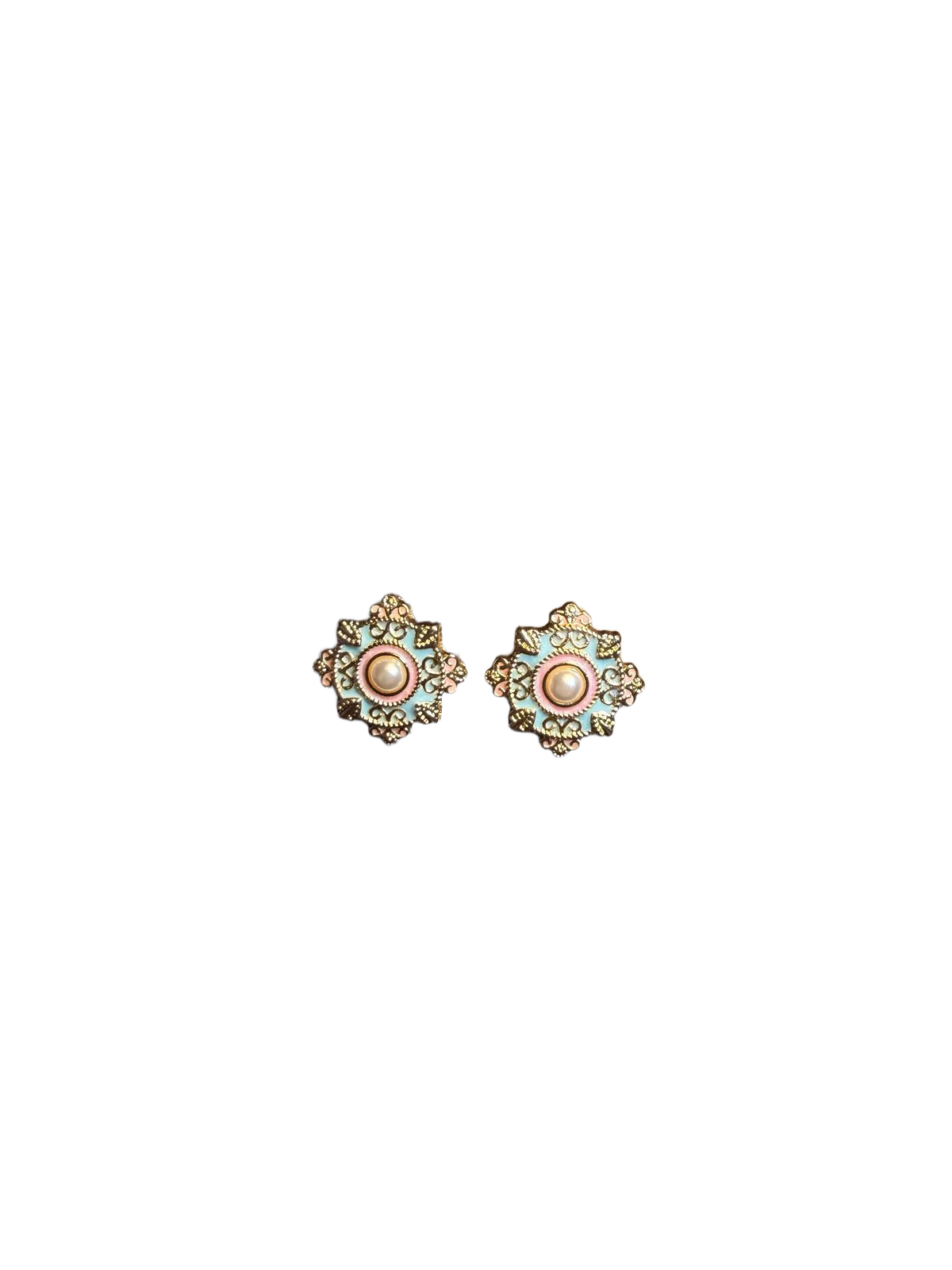 Pendientes de botón YYBB Jewelry Vintage Filigrana Esmalte Perla en azul pálido, estilo barroco floral en oro antiguo