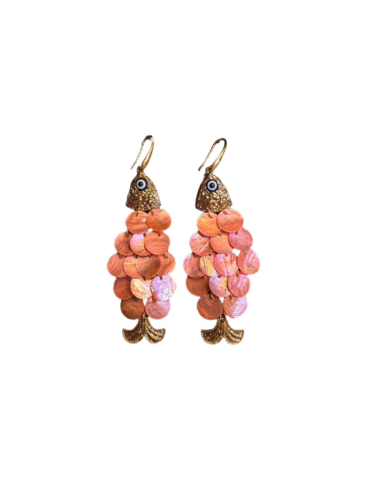 أقراط متدلية بتصميم سمكة من صدفة وردية عتيقة من YYBB Jewelry مع عين حسد، وأسلوب بوهيمي ساحلي طويل