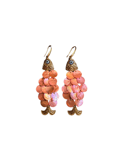 أقراط متدلية بتصميم سمكة من صدفة وردية عتيقة من YYBB Jewelry مع عين حسد، وأسلوب بوهيمي ساحلي طويل