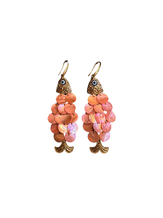 Pendientes colgantes vintage de pez con concha rosa de YYBB Jewelry, con ojo turco, estilo boho costero extralargo