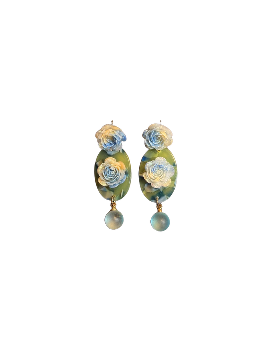 YYBB Jewelry 수공예 빈티지 블루 로즈 드롭 귀걸이 마블 오벌 레진, 골드톤, 로맨틱 코티지코어 스타일