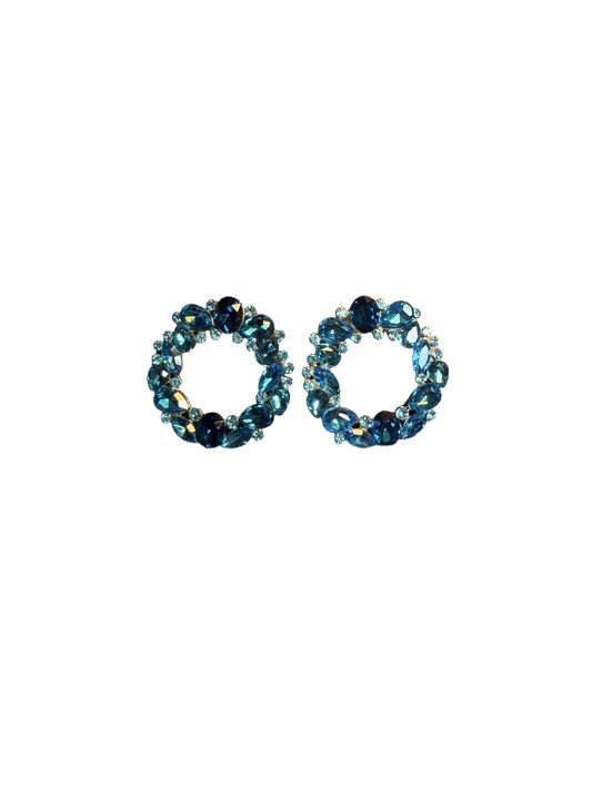 YYBB Jewelry Vintage Blue Crystal Wreath Statement Stud Earrings Rhinestone Halo Design with Mid-Century Glamour