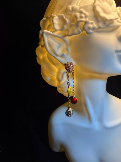 YYBB Jewelry Vintage Mismatched Fruit Tassel Drop Earrings with Rhinestones, Pearls and Enamel Charms, Playful Boho Statement Style