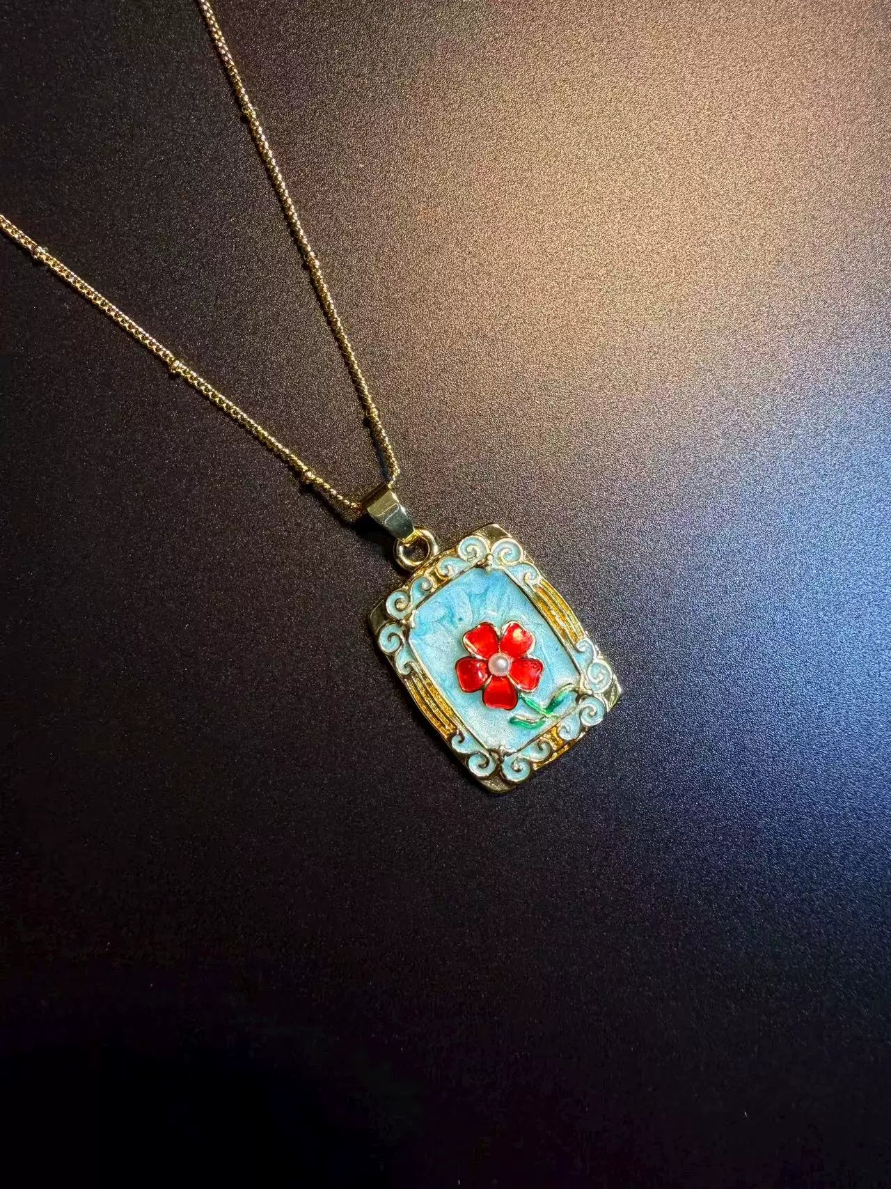 Vintage Style Blue Enamel Red Flower Necklace - Rectangular Picture Frame Pendant