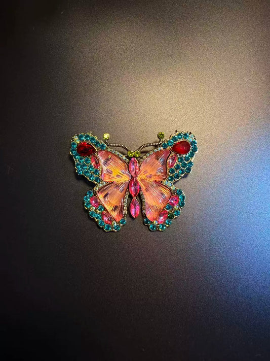 Vintage Style Pink And Teal Crystal Butterfly Brooch - Colorful Enamel Insect Pin