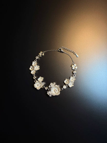 YYBB Jewelry Vintage Silver Floral Crystal Camellia Vine Bracelet with Adjustable Clasp for Bridal and Evening Style