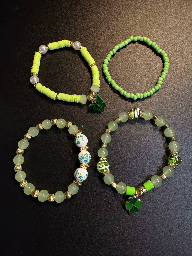 Vintage Style Green Clover Stackable Bracelet Set - Lucky Butterfly And Floral Beaded Jewelry