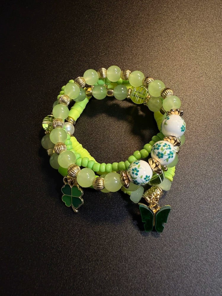 Vintage Style Green Clover Stackable Bracelet Set - Lucky Butterfly And Floral Beaded Jewelry