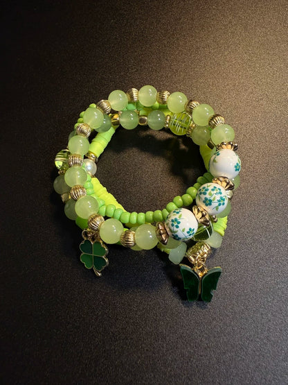 Vintage Style Green Clover Stackable Bracelet Set - Lucky Butterfly And Floral Beaded Jewelry