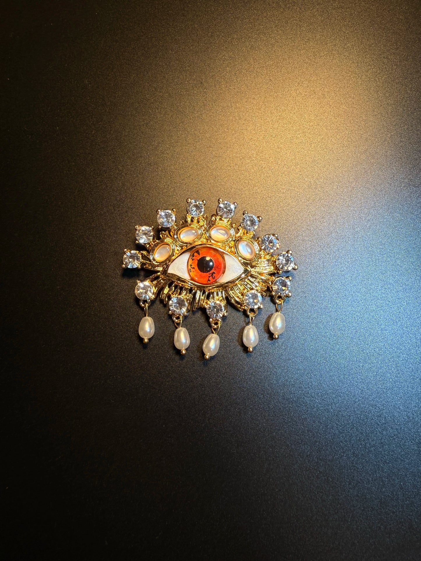 YYBB Jewelry Vintage Evil Eye Tassel Brooch Gold Tone Crystal Faux Pearl Statement Pin Bohemian Talisman Style