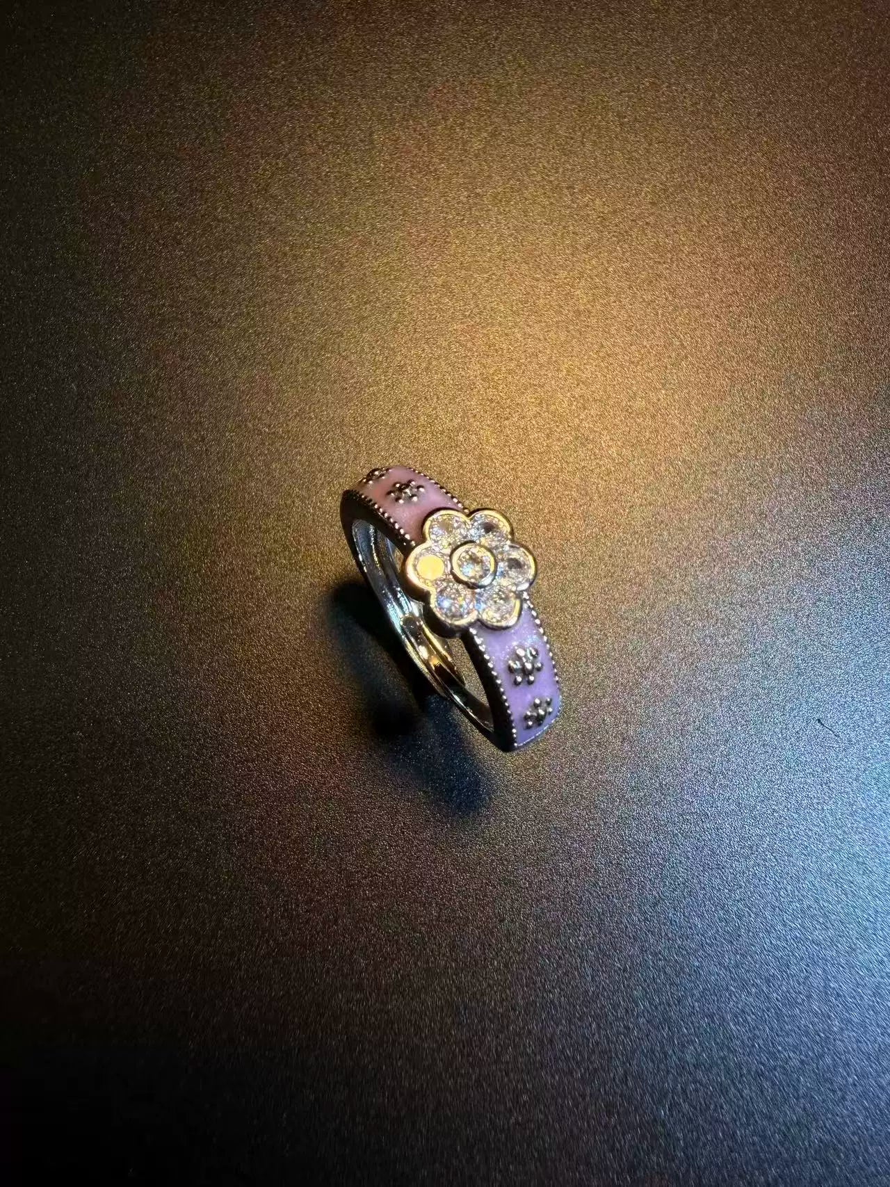 Vintage Style Purple Enamel Flower Ring - Adjustable Crystal Daisy Band