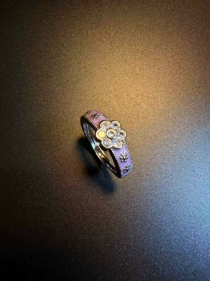 Vintage Style Purple Enamel Flower Ring - Adjustable Crystal Daisy Band