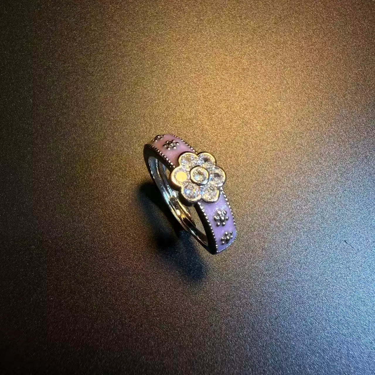 Vintage Style Purple Enamel Flower Ring - Adjustable Crystal Daisy Band