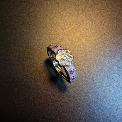 Vintage Style Purple Enamel Flower Ring - Adjustable Crystal Daisy Band